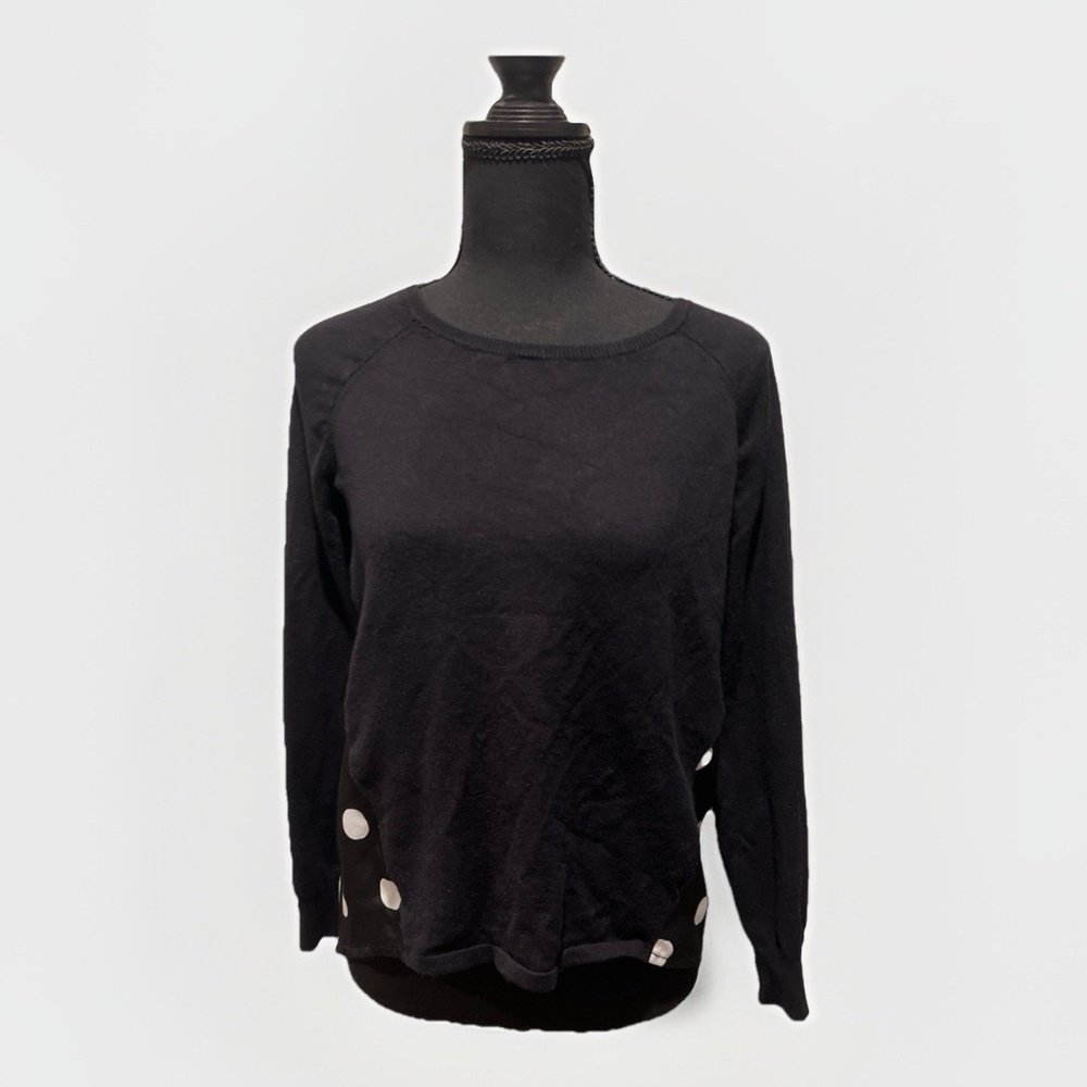 Madison Womens Long Sleeve Black and White Polka Dot Blouse Size Petite Small